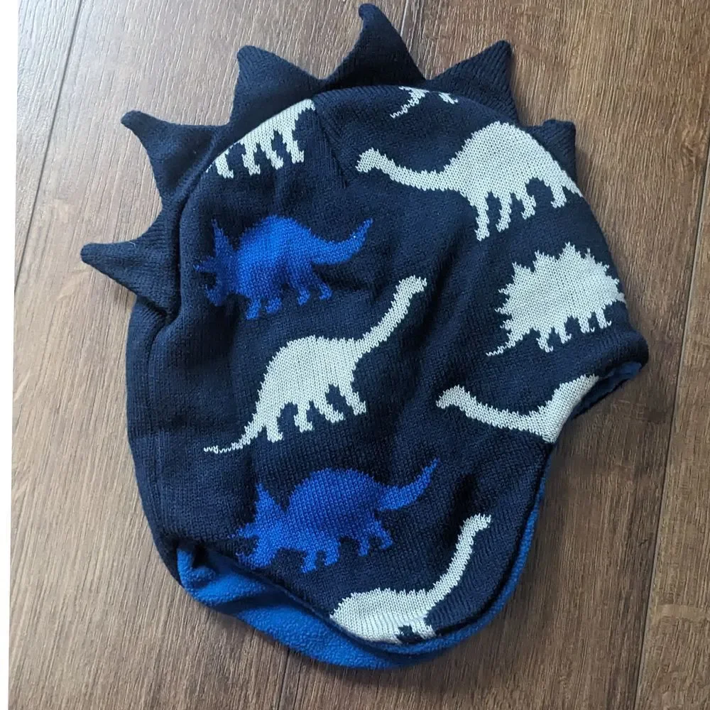 Little Me Dinosaur Print Winter Beanie Hat with Spikes Navy Blue Kids Knit‎ Cap
